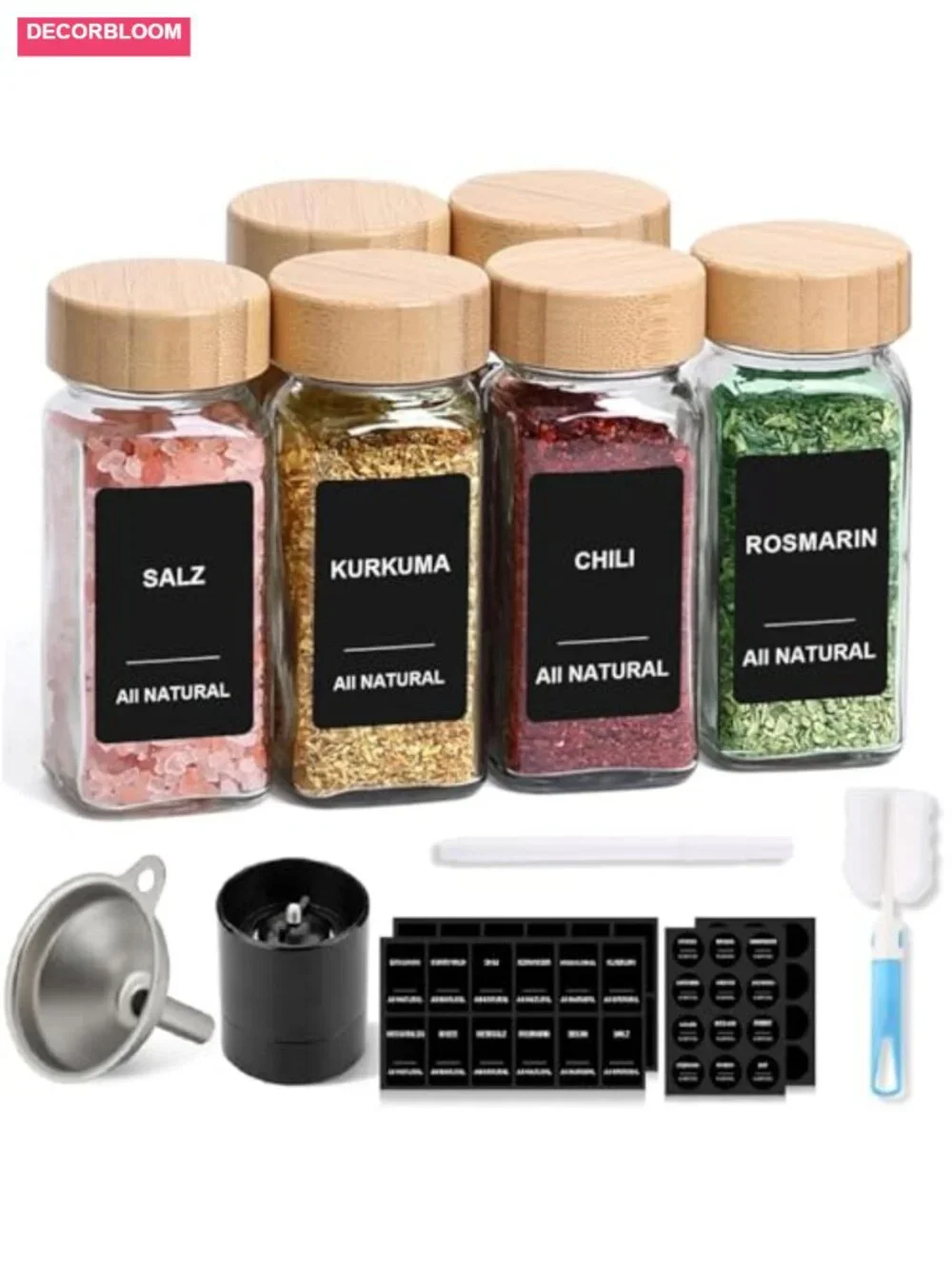 6pcs 4oz Glass Spice Jars with Shaker Lids, Labels, Funnel
